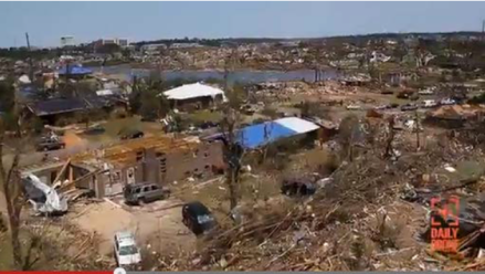 Screenshot of a “Daily Drone” video report of tornado damage in Tuscaloosa, Alabama. The imagery was recorded from a MicroDrone. 